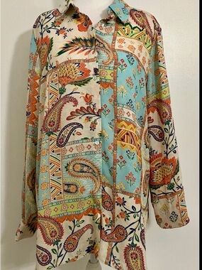 Rose + Olive Top Large Patchwork Paisley Floral Button Blouse Artsy Office